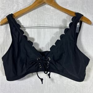 Cute Goth Bikini Top Large Black Lace Up Front Scalloped Crop